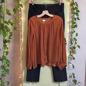Women's A New Day Rusty Orange Faux Silk Balloon Sleeve Button Up Blouse L